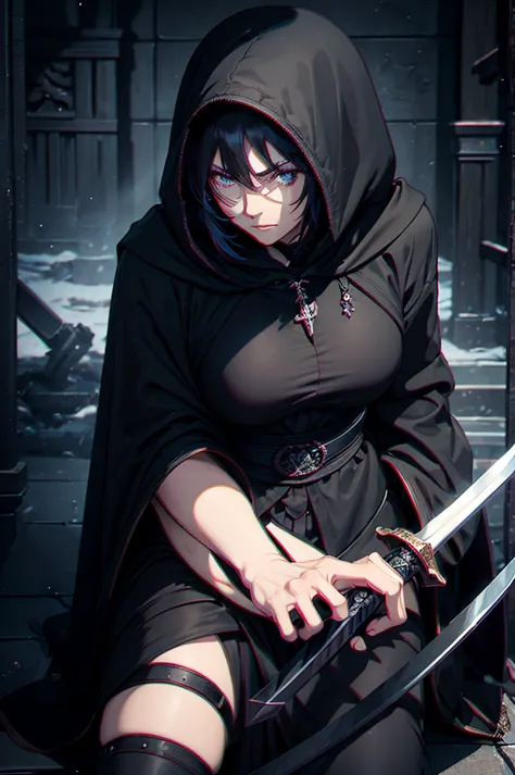 A middle-aged woman, with a black hooded cloak and a huge sword on his back, sat with a serious expression in the temple at nigh...