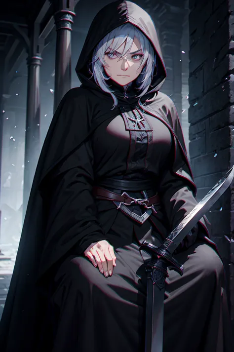 A middle-aged woman, with a black hooded cloak and a huge sword on his back, sat with a serious expression in the temple at nigh...