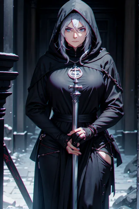 A middle-aged woman, with a black hooded cloak and a huge sword on his back, sat with a serious expression in the temple at nigh...