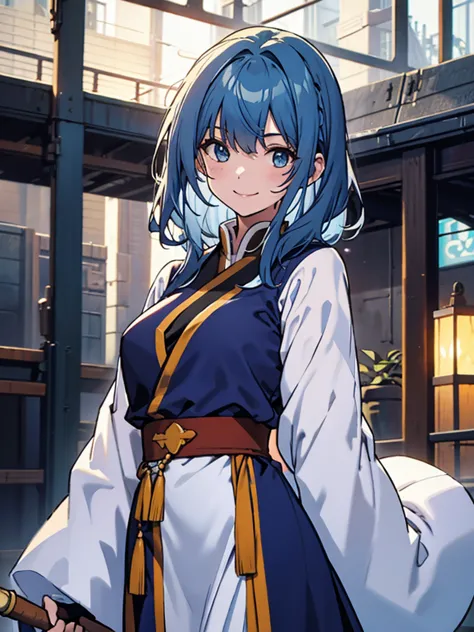 Girl, monk, blue hair, long straight hair, white clothes, monk's staff, smiling