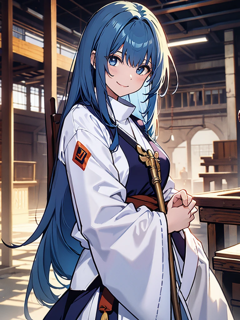 Girl, monk, blue hair, long straight hair, white clothes, monk's staff, smiling