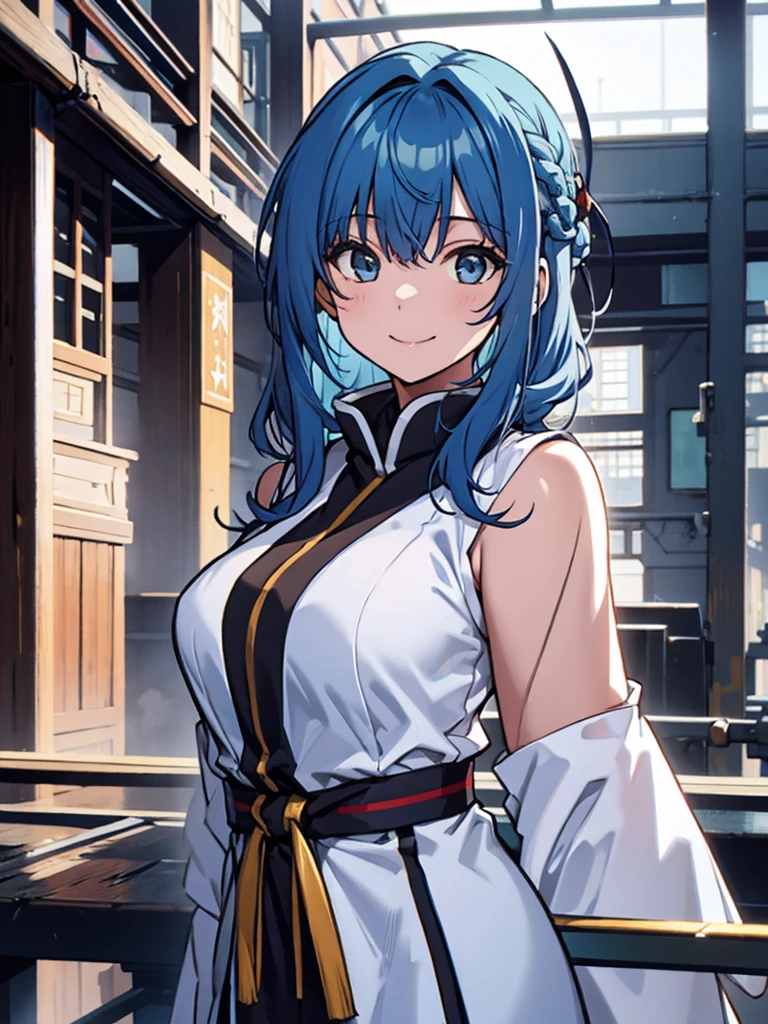 Girl, monk, blue hair, long straight hair, white clothes, monk's staff, smiling