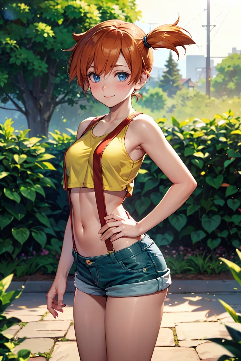 from side, belowview,,Dutchangle,soro focus.,(upperbody:1),(,best quality, ultra detailed),superfineillustration,anime studio,highly detailed, (detailed background, complex background:1.2), (perfect face, detailed face), full-face blush, (smile, happy), (milf, mature girl) misty_(pokemon), short hair,side ponytail, looking at viewer, smile, blush, navel, shorts, blue eyes, (suspenders), shirt, crop top,beautiful abs,(beautiful under_boob), midriff, short shorts, medium breasts,(beautiful body),(skiny skin).(). (outdoors, garden, thighs,standing),depth of field,(professional lighting,cinematic lighting,lens flare.beautifully lit),(hands on hips) ,misty_(pokemon),