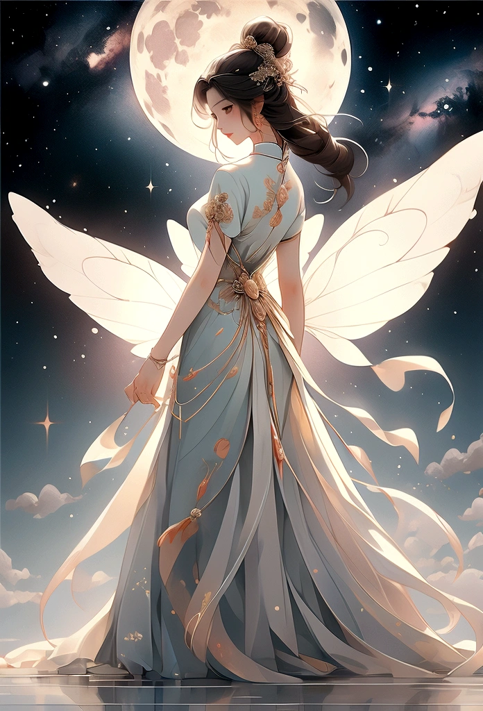 杰作, 最好的质量: 1.4)， 详细背景，中国古代美丽的女仙子、一名女性、漂亮的脸蛋、后视图、优美的站姿、脚下的云朵、飘带，纱布，飘然，仰角，银河真是奇妙，满月是空的，