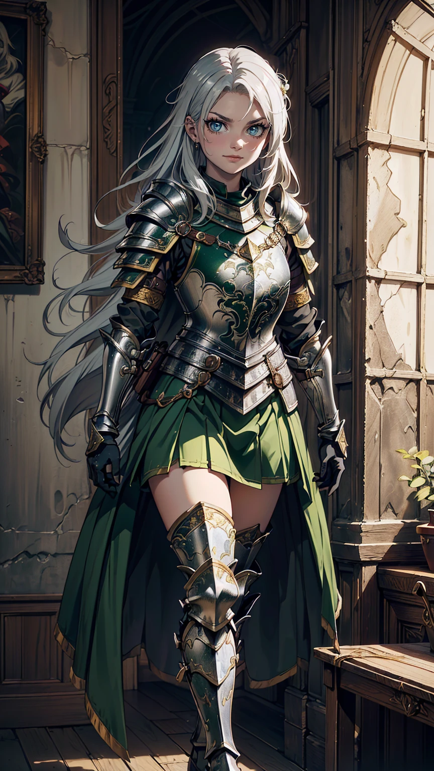 最high quality、Ultra High Definition, Ultra High Quality, Hyper Definition, Hyper Quality, Hyper Detailed, Extremely Detailed, Perfectly Detailed, Best image quality、masterpiece、anime woman((20-year-old、super dynamic pose , Green solid eyes, Silver long Hair、Disheveled Hair、Long White Hair,  Glove、Green Skirt, Noble Armor, Smirk, cheerful expression, Detailed Cuirass , Dressed in Full Coverage Noble Plate Armor, leg armor)),high quality、Beautiful art、background((Inside the mansion))、Written boundary depth、  movie、Visual Arts、Perfect art、8K,Genuine、