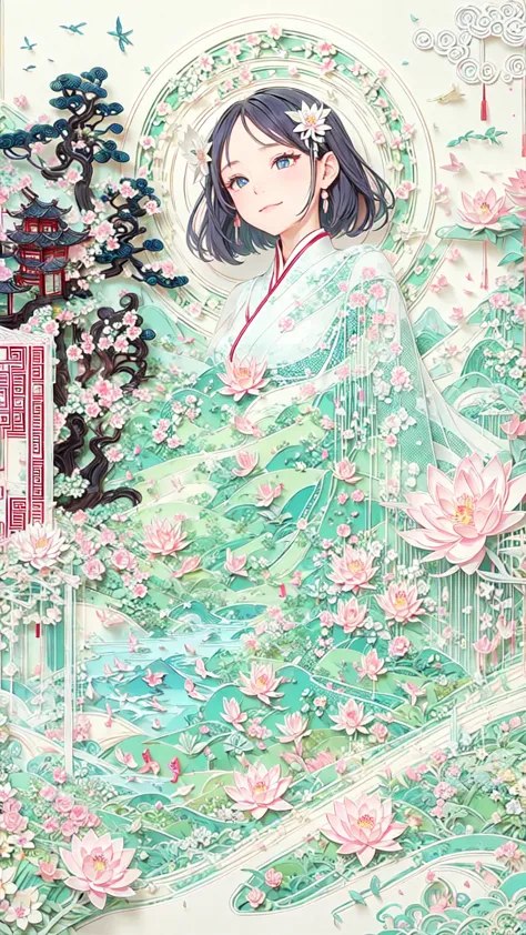 (the art of math)，mountain, trees, river，flowers，lotus，1 girl, black hair, smile,exquisite cheongsam,beautiful hair accessories,...