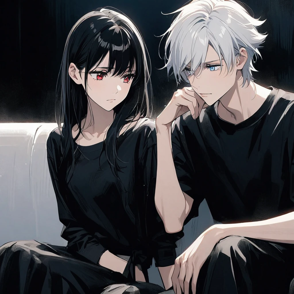 An anime-style image featuring two characters sitting closely together. The character on the left has spiky white hair, light blue eyes, and wears a black shirt. He is resting his chin on his hand while looking at the other character. The character on the right has long black hair, red eyes, and is dressed in a black outfit with a thin strap. She has a calm expression, and both of them are sitting on a couch in what seems to be an intimate setting.