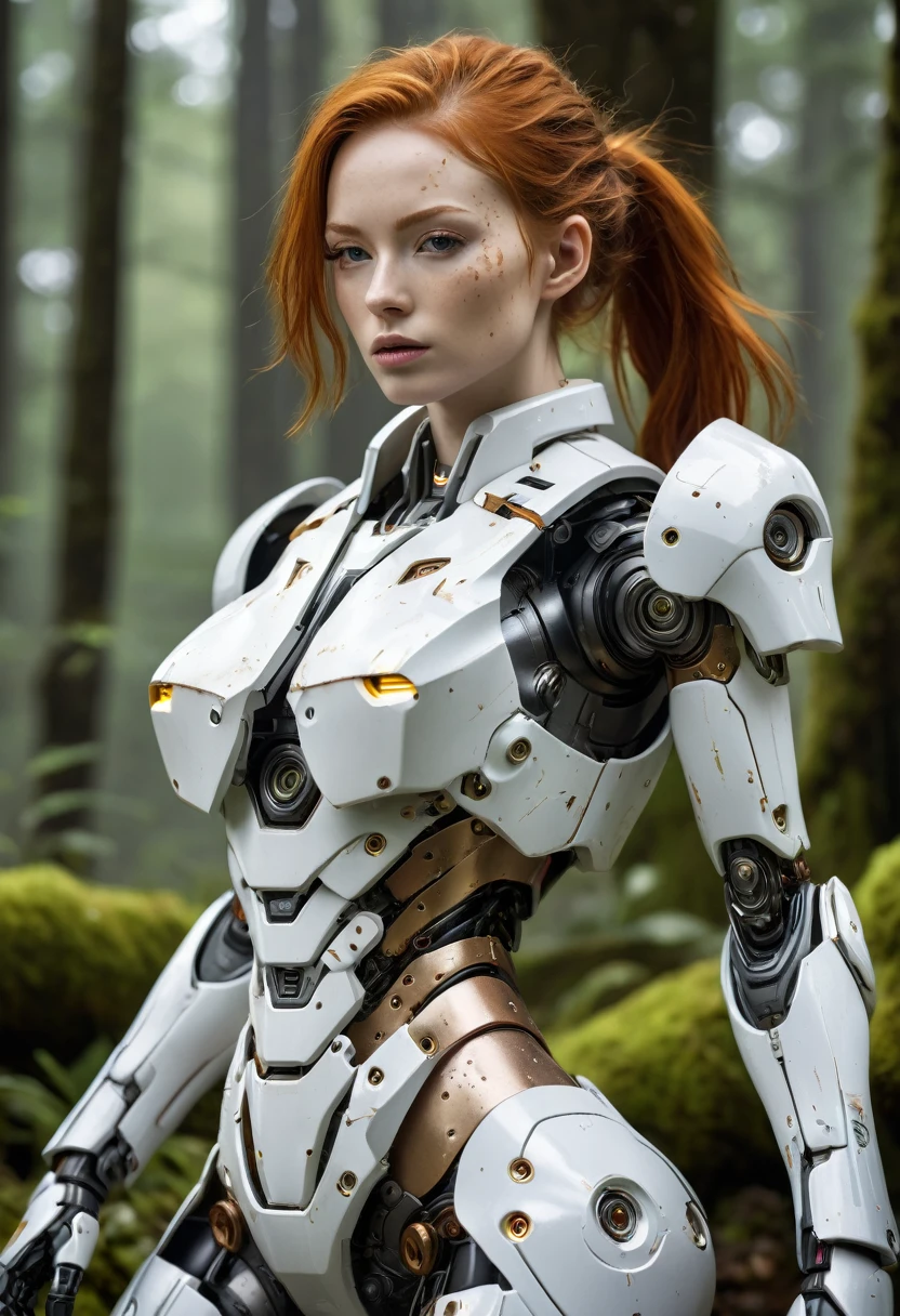 ginger hair, ((masterpiece, highest quality, Highest image quality, High resolution, photorealistic, Raw photo, 8K)), Abandoned robot soldier on battlefield, broken and immobile, rust and moss showing passage of time, female cyborg body, female body, biomechanical , extra detailed body, blowjob white mech, white biomechanical details, detailed body, shiny white armor, cybernetic body, eva unit-00 on back, full body details,