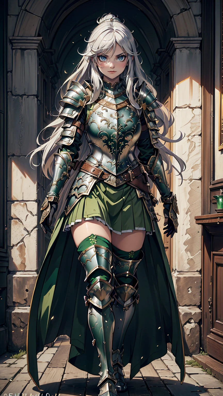 最high quality、Ultra High Definition, Ultra High Quality, Hyper Definition, Hyper Quality, Hyper Detailed, Extremely Detailed, Perfectly Detailed, Best image quality、masterpiece、anime woman((20-year-old、super dynamic pose , Green solid eyes, Silver long Hair、Disheveled Hair、Long White Hair,  Glove、Green Skirt, Noble Armor, Smirk, cheerful expression, Detailed Cuirass , Dressed in Full Coverage Noble Plate Armor, leg armor)),high quality、Beautiful art、background((Inside the mansion))、Written boundary depth、  movie、Visual Arts、Perfect art、8K,Genuine、