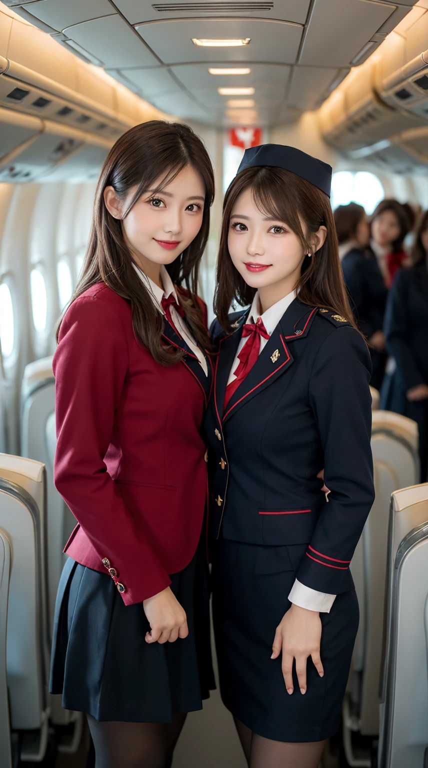 ​highest quality、8k、best image quality、Award-winning work), two beautiful women、(2 women:1.6), radiant beautiful skin , masterpiece、top-quality、The ultra -The high-definition、depth of fields、lens flare , 2 girls、、brown hair, watching at viewers glares, large breasts ,  stewardess uniform, ( crimson stewardess blazer:1.3),  shirt, short crimson  skirt, (black high heels), perfect legs, model pose, view from below, smiling , flight cabin, pantyhose 
