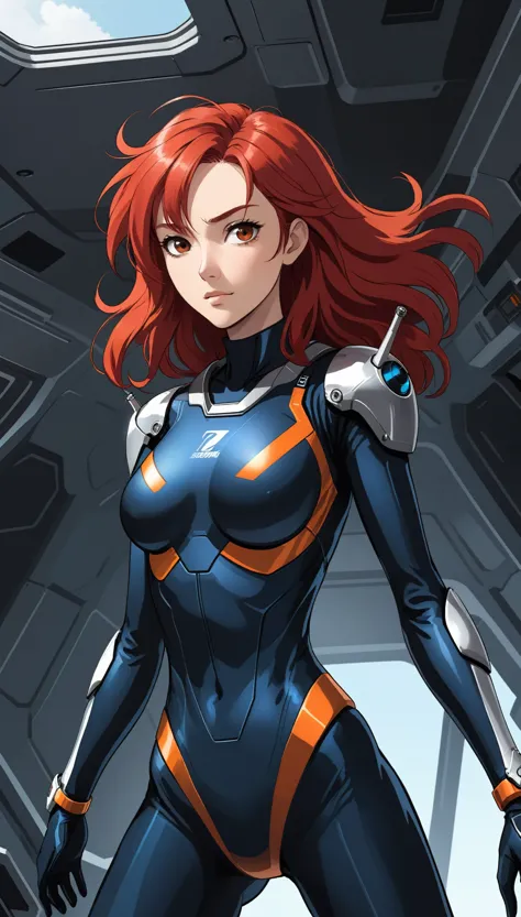 1 girl、medium bust、solo、red hair、long hair、mobile race suit、shoulder armor、ceiling、wide shot、looking ahead、profound、fighting pos...