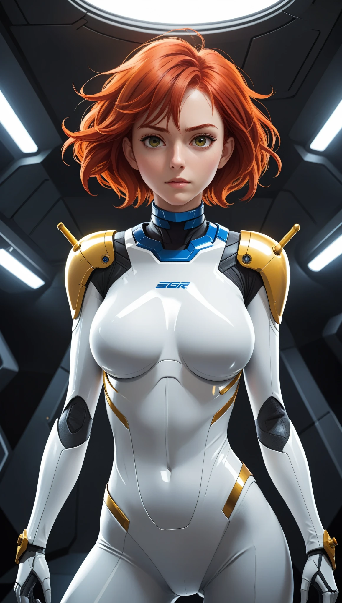 1 Girl、Medium Bust、solo、Red Hair、Osage Hair、White mobile race suit、Shoulder Armor、ceiling、Wide Shot、Looking Ahead、profound、Fighting Pose、Closed Mouth、Highest quality、medium quality、22 years old、Mobile Trace System、cockpit、