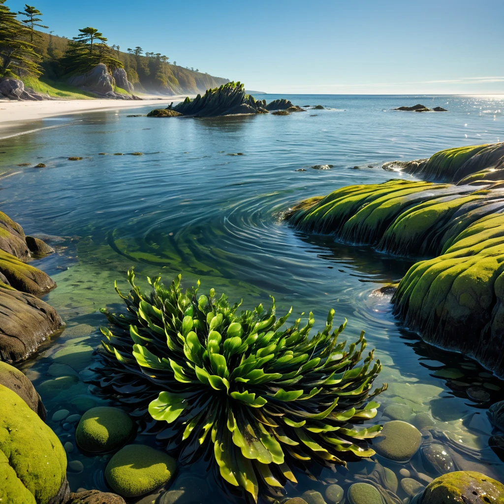 険しい海岸沿いの水中に生息するヒラタケのクローズアップ画像を作成します. このシーンでは、海藻の長い部分の複雑な詳細が示されるべきである。, 緑がかった茶色の葉とその特徴的な, 球状の浮袋. 水は澄んでいるはずです, ブラダーラックの質感と色がはっきりと見えるようにする. 葉は浅瀬に優雅に浮かんでいるはずである, 太陽に照らされた水, 背景には岩の多い海岸線が見える. 霊的なものを強調する, 海藻が流れの中でキラキラと輝きながら優しく揺れる様子はまるで別世界のようだ. 雰囲気は海岸環境の穏やかで神秘的な美しさを伝えるものでなければならない, 水と海藻の光と影の遊び.