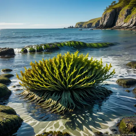 Create a close-up image of Bladder Wrack seaweed in the water along a rugged coastline. The scene should show the intricate deta...