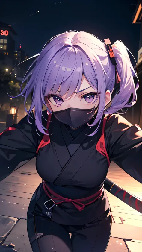 ((Best quality, 8k, Masterpiece: 1.3)), ((best quality)), ((masterpiece)), (detailed), perfect face, purple hair, side ponytail,...