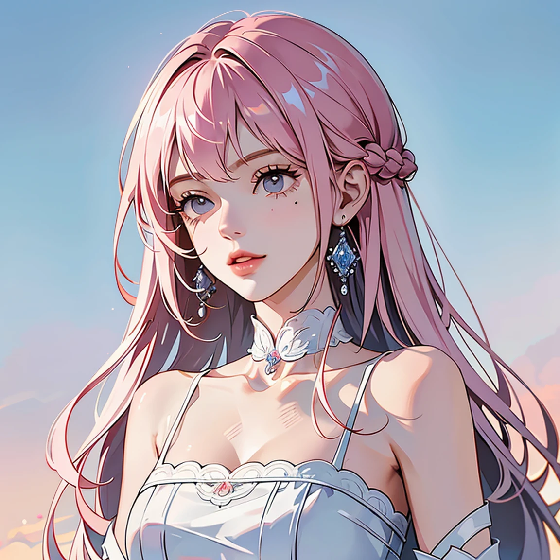 (masterpiece, high quality, best quality, 4k, 8k:1.4), 1girl, solo, pink hair, brown eyes, double-parted bangs, long hair, (mature female, mature:1.2), mole under eye, hoop earrings, strap white dress, detailed face, beautiful detailed eyes, beautiful detailed lips, extremely detailed face, long eyelashes, intricate details, soft lighting, soft color pallette, perfect anatomy