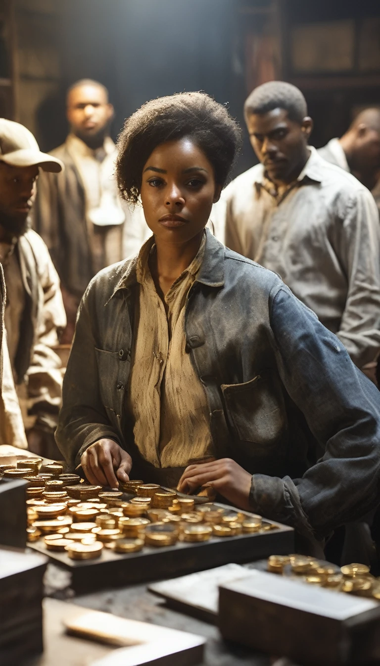 Racially mixed group of workers at a desegregated workplace, background dark gold sun, hyper realistic, ultra detailed hyper realistic, photorealistic, Studio Lighting, reflections, dynamic pose, Cinematic, Color Grading, Photography, Shot on 50mm lens, Ultra-Wide Angle, Depth of Field, hyper-detailed, beautifully color, 8k