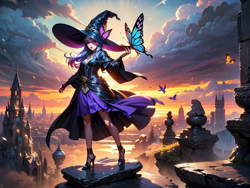 In the middle of so the storm on the stone field stand beatiful witch, she have a beautiful face with blue eyes shining purple lipstick and purple eye shadows, she have long blue hair with purple highlights, she dressed in black long coat short skirt high heels shoes and witch hat on her head , there is lighning butterflys fly all around her, (ultra high quality fantasy art, anime fantasy style, masterpiece, ultra high quality character design, 8k quality anime art, realistic anime art, top quality wallpaper illustration, detailed ultra high quality accurate face, high quality design and accurate physic)