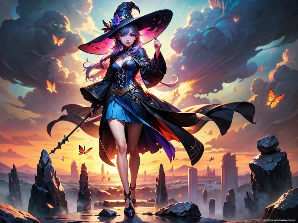 In the middle of so the storm on the stone field stand beatiful witch, she have a beautiful face with blue eyes shining purple lipstick and purple eye shadows, she have long blue hair with purple highlights, she dressed in black long coat short skirt high heels shoes and witch hat on her head , there is lighning butterflys fly all around her, (ultra high quality fantasy art, anime fantasy style, masterpiece, ultra high quality character design, 8k quality anime art, realistic anime art, top quality wallpaper illustration, detailed ultra high quality accurate face, high quality design and accurate physic)