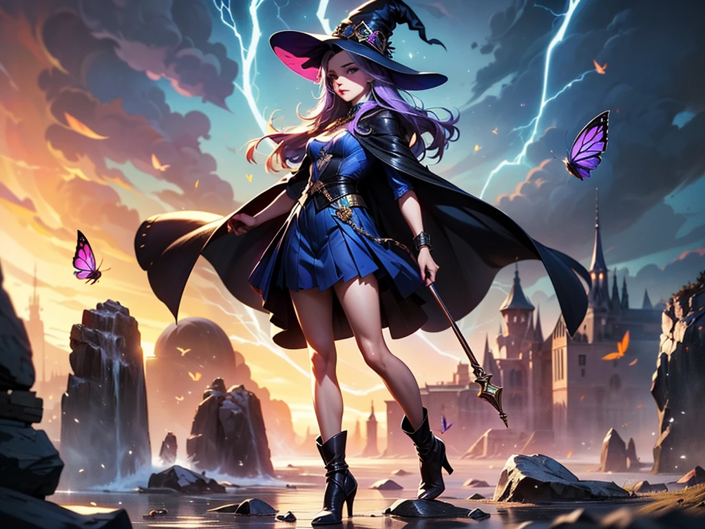 In the middle of so the storm on the stone field stand beatiful witch, she have a beautiful face with blue eyes shining purple lipstick and purple eye shadows, she have long blue hair with purple highlights, she dressed in black long coat short skirt high heels shoes and witch hat on her head , there is lighning butterflys fly all around her, (ultra high quality fantasy art, anime fantasy style, masterpiece, ultra high quality character design, 8k quality anime art, realistic anime art, top quality wallpaper illustration, detailed ultra high quality accurate face, high quality design and accurate physic)