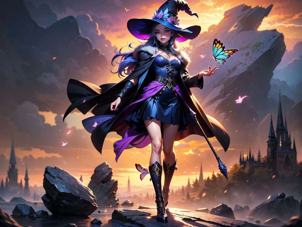 In the middle of so the storm on the stone field stand beatiful witch, she have a beautiful face with blue eyes shining purple lipstick and purple eye shadows, she have long blue hair with purple highlights, she dressed in black long coat short skirt high heels shoes and witch hat on her head , there is lighning butterflys fly all around her, (ultra high quality fantasy art, anime fantasy style, masterpiece, ultra high quality character design, 8k quality anime art, realistic anime art, top quality wallpaper illustration, detailed ultra high quality accurate face, high quality design and accurate physic)