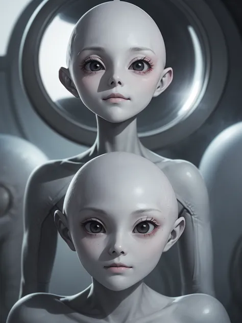 (((masterpiece))), (high quality),(one alien girl:1.2), 15 years old,(innocent smile),(big light black eyes:1.5),5 heads,(skinhe...