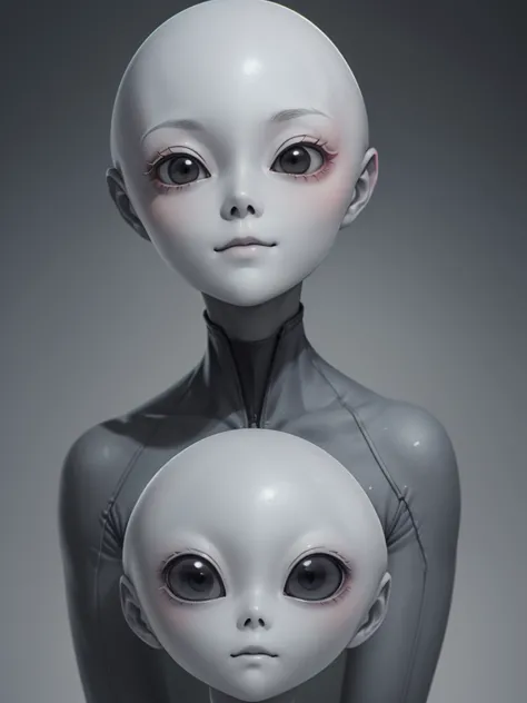 (((masterpiece))), (high quality),(one alien girl:1.2), 15 years old,(innocent smile),(big light black eyes:1.5),5 heads,(skinhe...