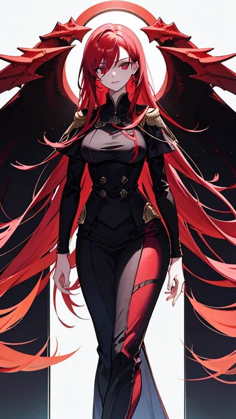 this character is a woman with an imposing and captivating appearance. she has long, flamboyant red hair that falls elegantly ov...