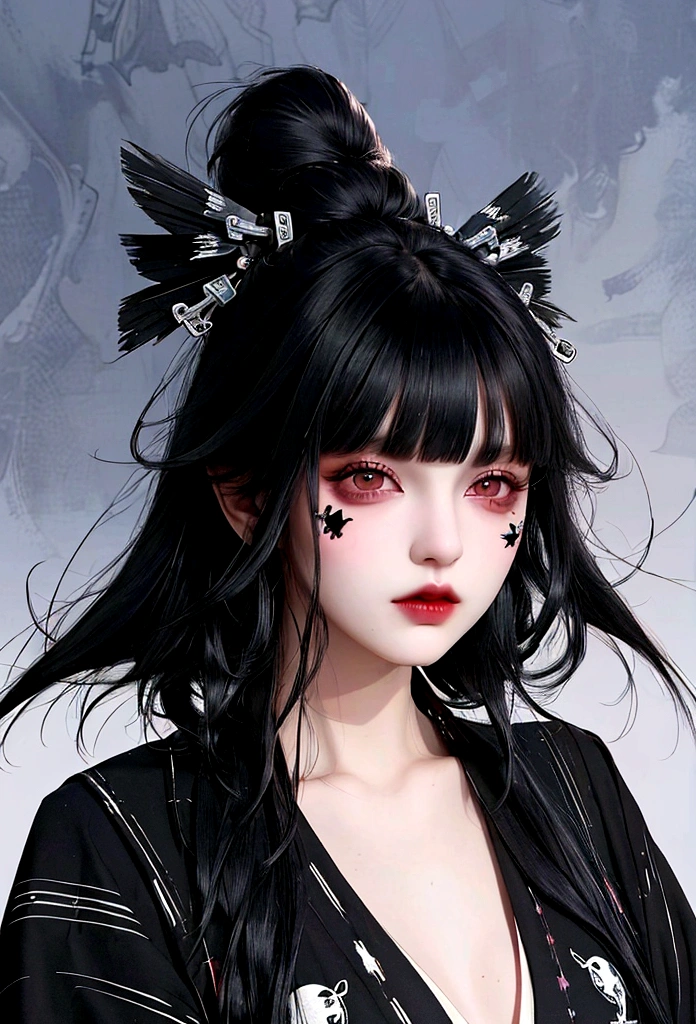 Black Hair、Black Feather、Gothic punk dress、Legs sticking out， Crossing your legs、anime zombie witch design, Crossbones, Streetwear Design, Provector, Horror Style, Full Design, Only 6 colors, Solid Colors, No Shadow, Full Design, Stickers, Bright colors, White Background.Ultra-fine illustrations,(((Beautiful fine hair))),(((Beautiful Faces))),(((Beautiful background))),(((Beautiful fine hair))),(((Beautiful Faces))),(((Beautiful background)))、Black Hair、Blunt bangs，Undershot,yukata,Tanabata,River side