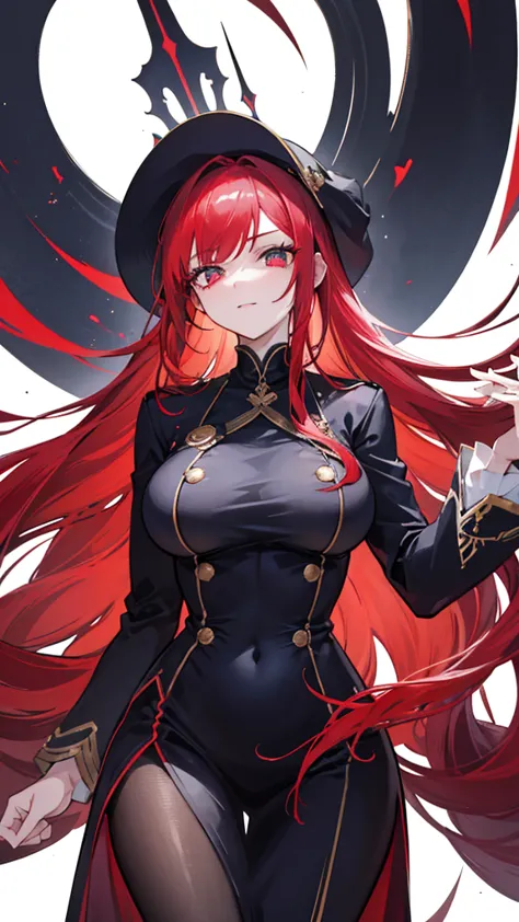 this character is a woman with an imposing and captivating appearance. she has long, flamboyant red hair that falls elegantly ov...