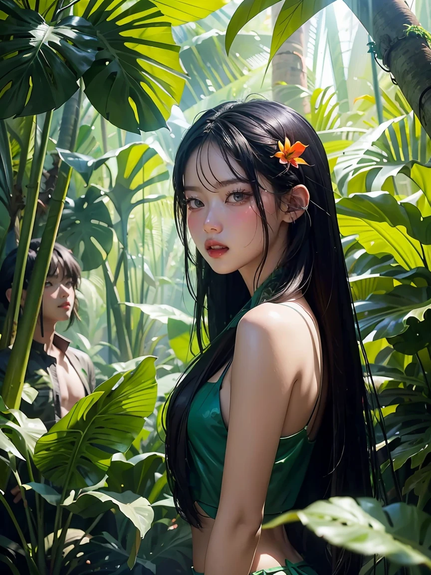 there are two people standing in a jungle with plants, artwork in the style of guweiz, inspired by Yanjun Cheng, in a tropical forest, by Yang J, in the art style of bowater, 🌺 cgsociety, loish and ross tran, in a jungle, by Ni Tian, by Ryan Yee, loish and wlop