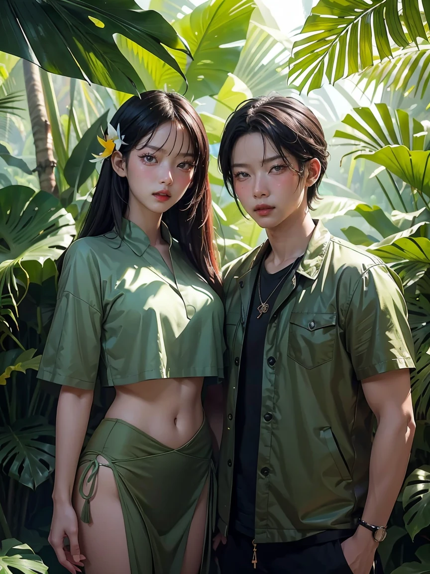 there are two people standing en una jungla with plants, obra de arte al estilo de guweiz, inspired by Yanjun Cheng, en un bosque tropical, by Yang J, en el estilo artístico de bowater, 🌺 sociedadcg, loish y ross tran, en una jungla, por Ni Tian, by Ryan Yee, loish y wlop