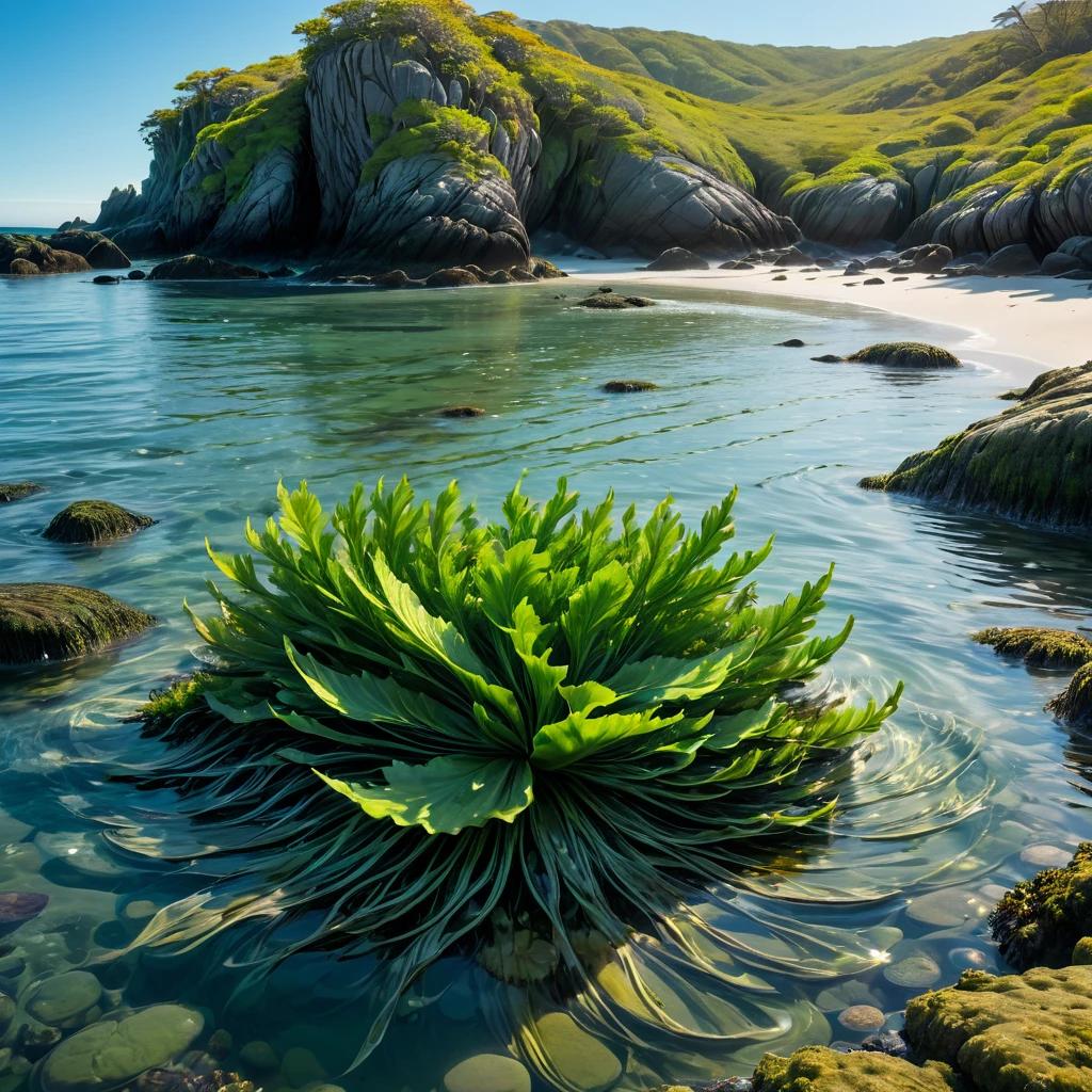 Erstellen Sie eine Nahaufnahme von schwimmenden Algen im Wasser entlang einer zerklüfteten Küste. Die Szene sollte die komplizierten Details der langen Algen zeigen, grün-braune Wedel und seine charakteristischen, bauchige Luftblasen. Das Wasser sollte klar sein, So sind die Texturen und Farben des Blasentangs deutlich zu erkennen. Die Wedel sollten anmutig im flachen Wasser schwimmen, sonnenbeschienenes Wasser, mit der felsigen Küste im Hintergrund. Betonen Sie das Ätherische, fast überirdisches Aussehen der Algen, wenn sie glitzern und sanft in der Strömung schwanken. Die Atmosphäre sollte die heitere und mystische Schönheit der Küstenumgebung vermitteln, mit dem Spiel von Licht und Schatten auf dem Wasser und den Algen.