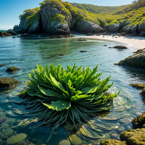 Create a close-up image of floating seaweed in the water along a rugged coastline. The scene should show the intricate details o...