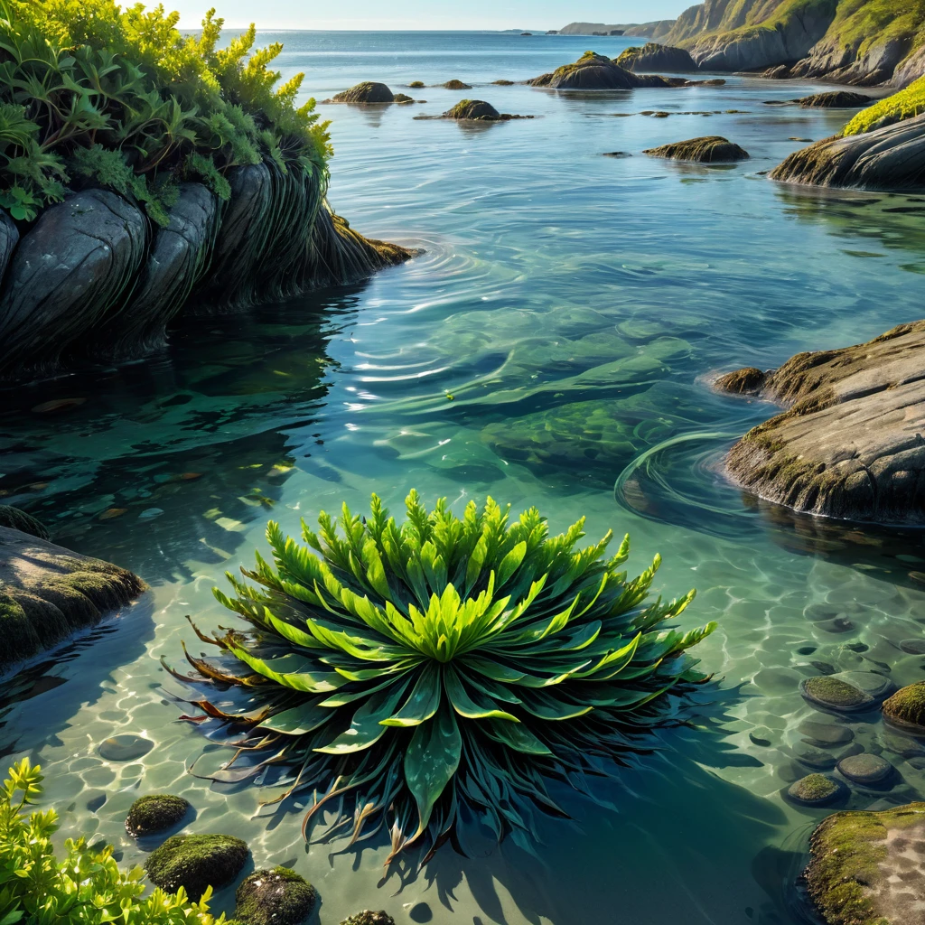 険しい海岸線に沿って水に浮かぶ海藻のクローズアップ画像を作成します. このシーンでは、海藻の長い部分の複雑な詳細が示されるべきである。, 緑がかった茶色の葉とその特徴的な, 球状の浮袋. 水は澄んでいるはずです, ブラダーラックの質感と色がはっきりと見えるようにする. 葉は浅瀬に優雅に浮かんでいるはずである, 太陽に照らされた水, 背景には岩の多い海岸線が見える. 霊的なものを強調する, 海藻が流れの中でキラキラと輝きながら優しく揺れる様子はまるで別世界のようだ. 雰囲気は海岸環境の穏やかで神秘的な美しさを伝えるものでなければならない, 水と海藻の光と影の遊び.