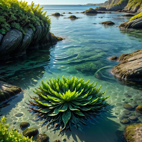 Create a close-up image of floating seaweed in the water along a rugged coastline. The scene should show the intricate details o...