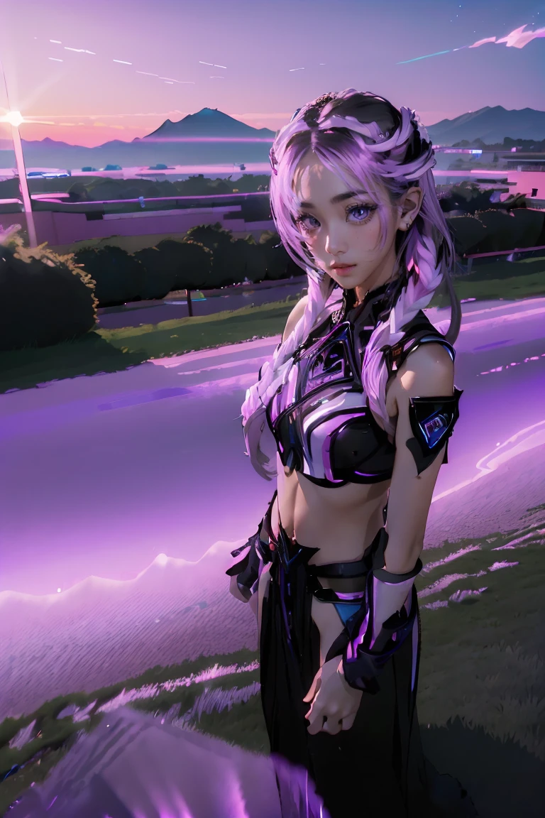 ((masterpiece, best quality, extremely detailed), volumetric lighting, ambient occlusion, colorful, glowing), a boy and a girl, (purple white gradient long hair),  halo, aura, sacred, goddess,, (black outfit:1.3), 
outdoors, sunset, sky, clouds, space, ((a couple shot)),