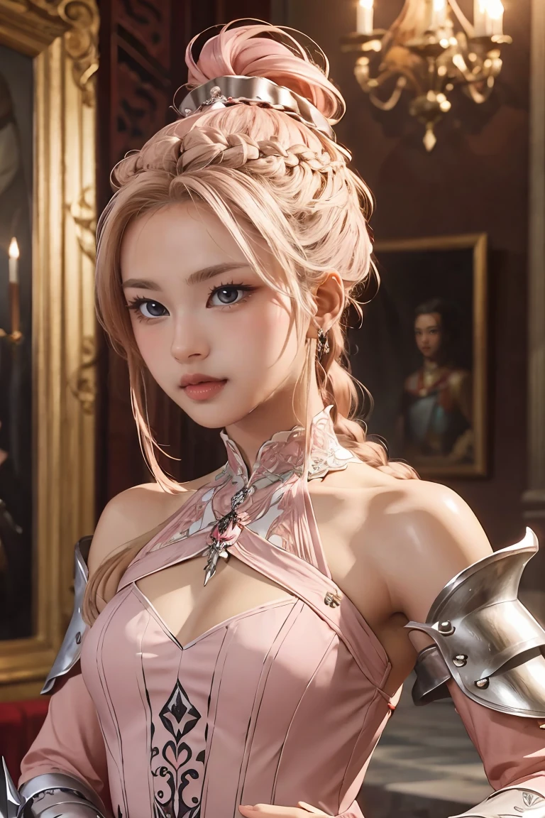 Woman, serious, warrior, armour, elegant, pink dress, aristocratic, silver elements, long nails, bare shoulders, hairstyle, hair up, braid and ponytail, messy, arrogant, absurd, detailed dress, royalty, celebration, hall decorated with flowers, cowboy shot, portrait, (best quality), (masterpiece), (highly detailed), (4k)