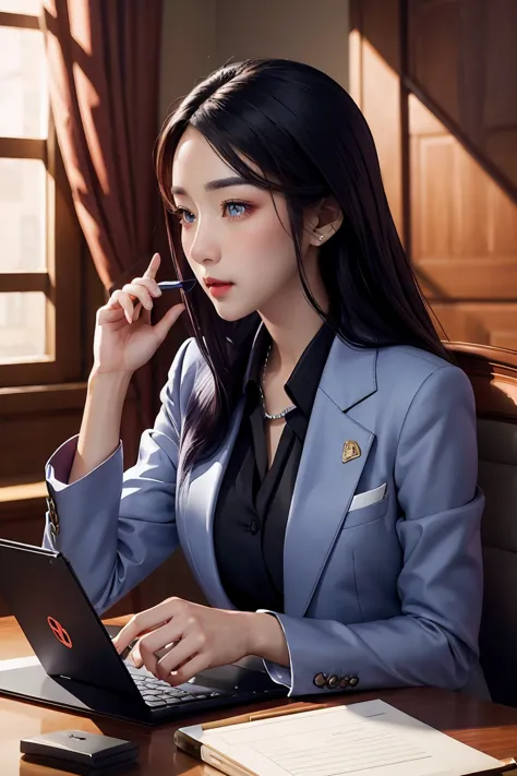 woman in a suit using a tablet computer in a room, working, sun yunjoo, still from a live action movie, park shin hye as a super...