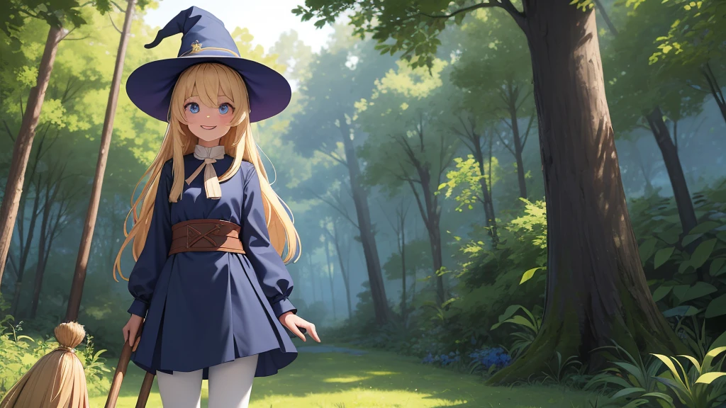 Perfect Biology、masterpiece, taller than,Very detailed, Absurd, witch, 8-year-old, girl,  alone, Blonde, Long Hair,  blue eyes, Blue Boots, Long sleeve,Have,in the forest, smile,White Pantyhose, Fly through the sky on a broom