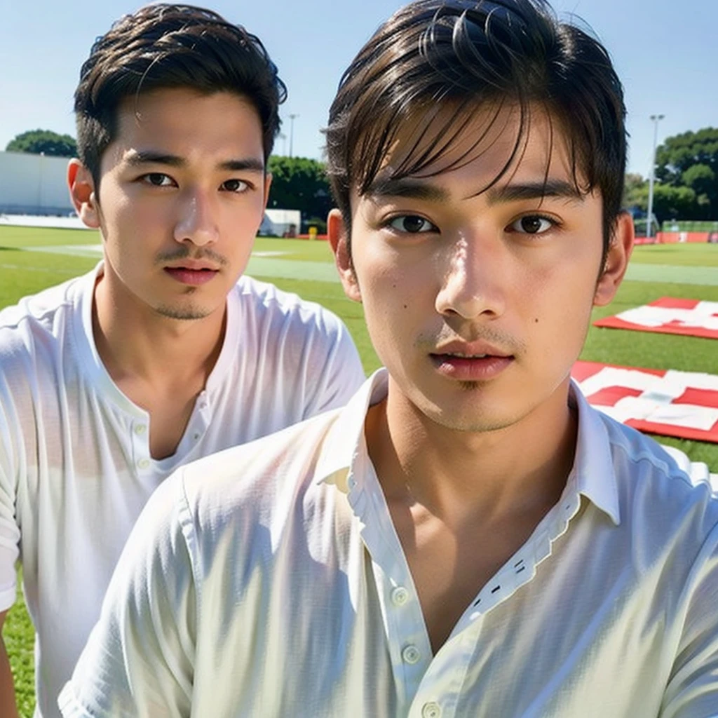 young asian man looking at camera In a white button-down shirt , Fieldside, beach, sunlight, looking at the football field