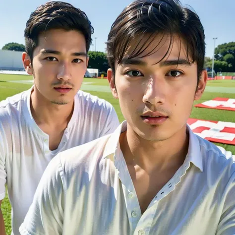 young asian man looking at camera in a white button-down shirt , fieldside, beach, sunlight, looking at the football field