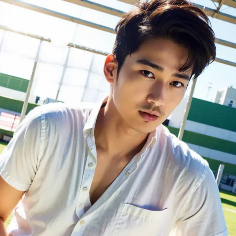 young asian man looking at camera in a white button-down shirt , fieldside, beach, sunlight, looking at the football field