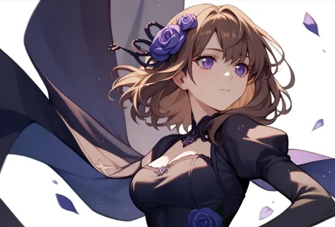 A beautiful anime-style girl with brown hair, medium length, wearing a black dress, with medium breasts. She has purple eyes.