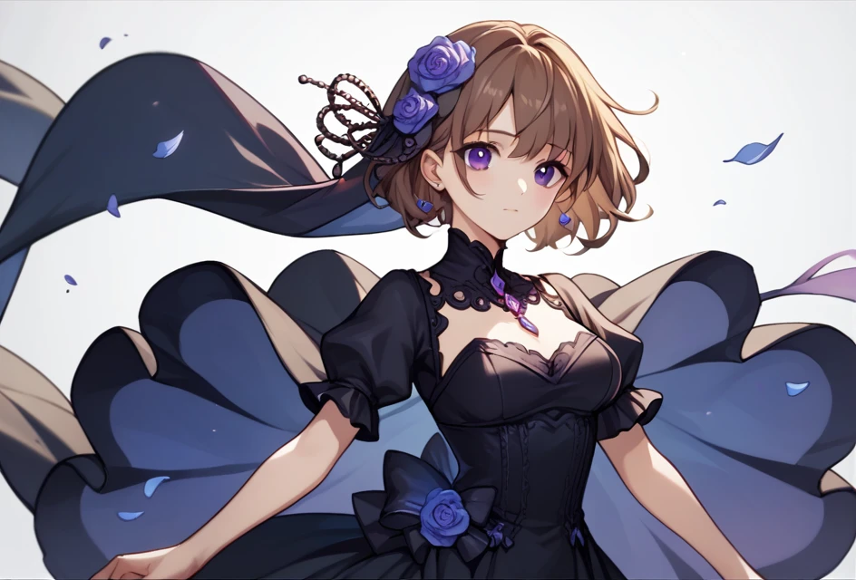 Une belle fille de style anime aux cheveux bruns, Longueur moyenne, porter une robe noire, avec des seins moyens. Elle a les yeux violets.