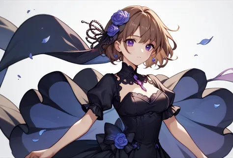 A beautiful anime-style girl with brown hair, medium length, wearing a black dress, with medium breasts. She has purple eyes.