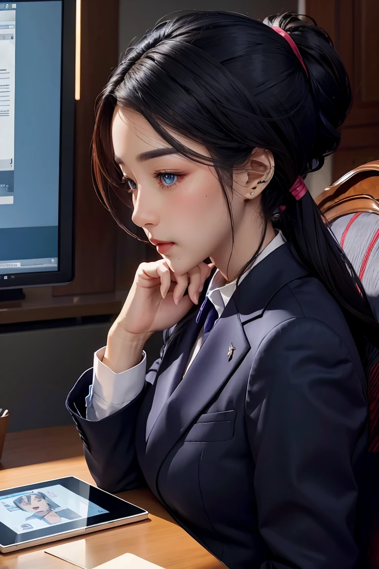 woman in a suit using a tablet computer in a room, working, sun yunjoo, still from a live action movie, park shin hye as a super villain, full device, using a magical tablet, iu lee ji-eun as a super villain, profile pose, [ realistic photo ]!!, shin min jeong, serious business, lazy, elegant look