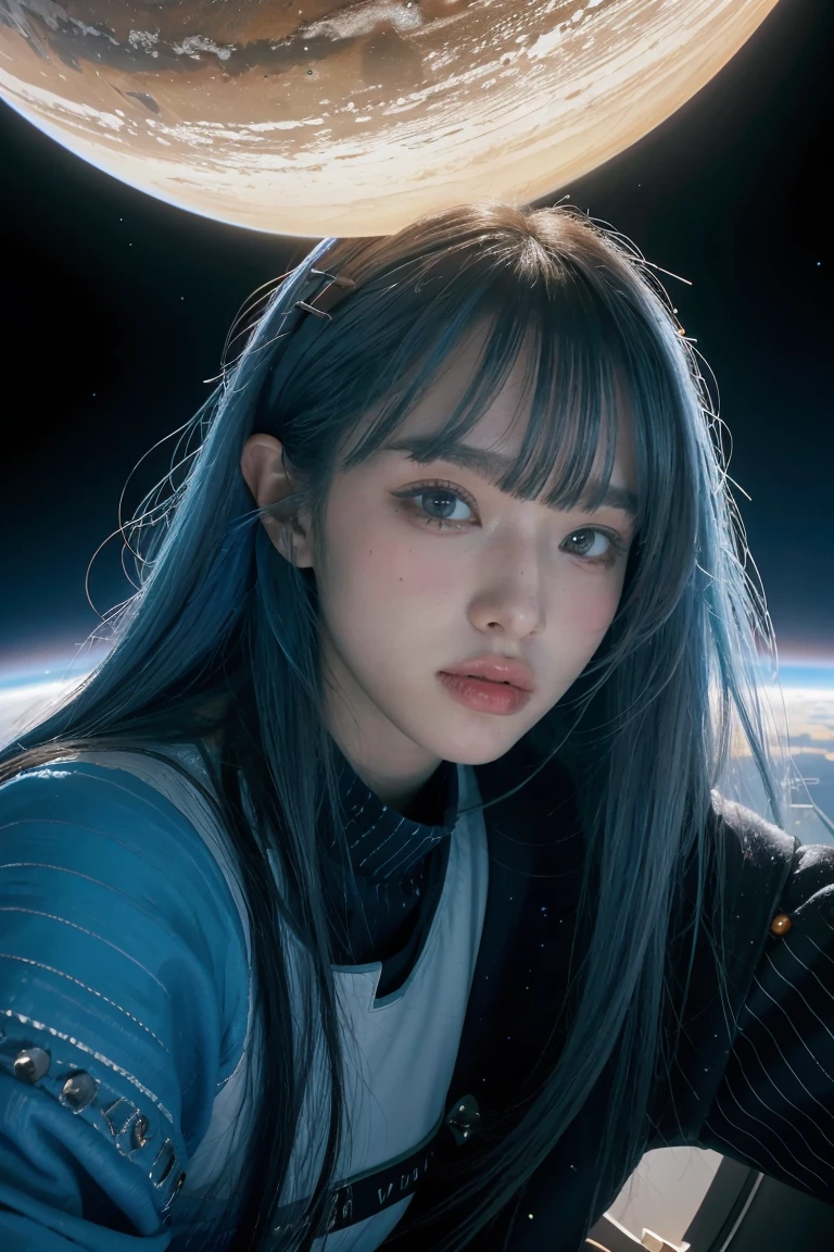 best quality, detailed, 4k, raw photo, masterpiece, detailed face,, stars, planets, galaxy, space,, a photo of anycemar flying in space, blue hair, bangs, long hair, looking at viewer, 