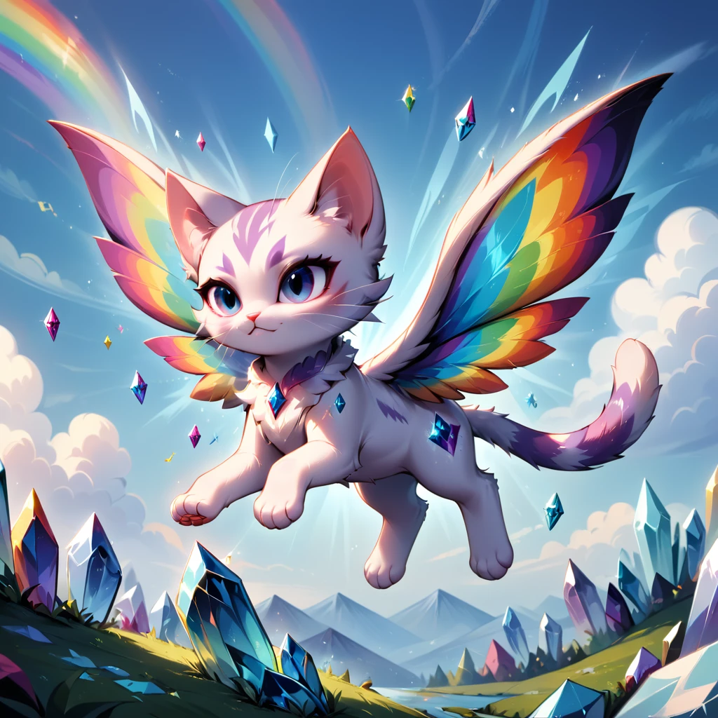 水晶與貓的融合。一隻毛茸茸的貓。翅膀是水晶的。閃耀。跳。飛在天空。彩虹色。明亮的。樂趣。仙女。湖水與水晶。礦物。四足動物。