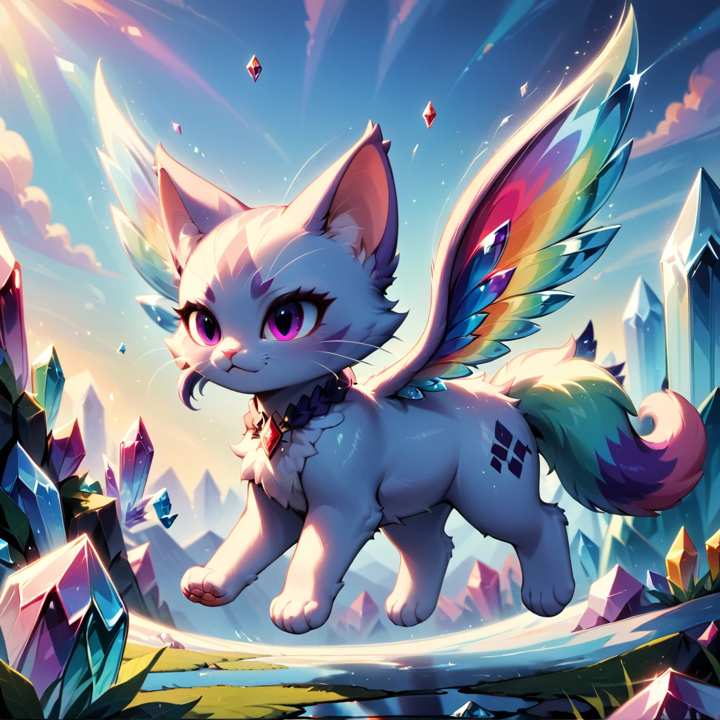 水晶與貓的融合。一隻毛茸茸的貓。翅膀是水晶的。閃耀。跳。飛在天空。彩虹色。明亮的。樂趣。仙女。湖水與水晶。礦物。四足動物。